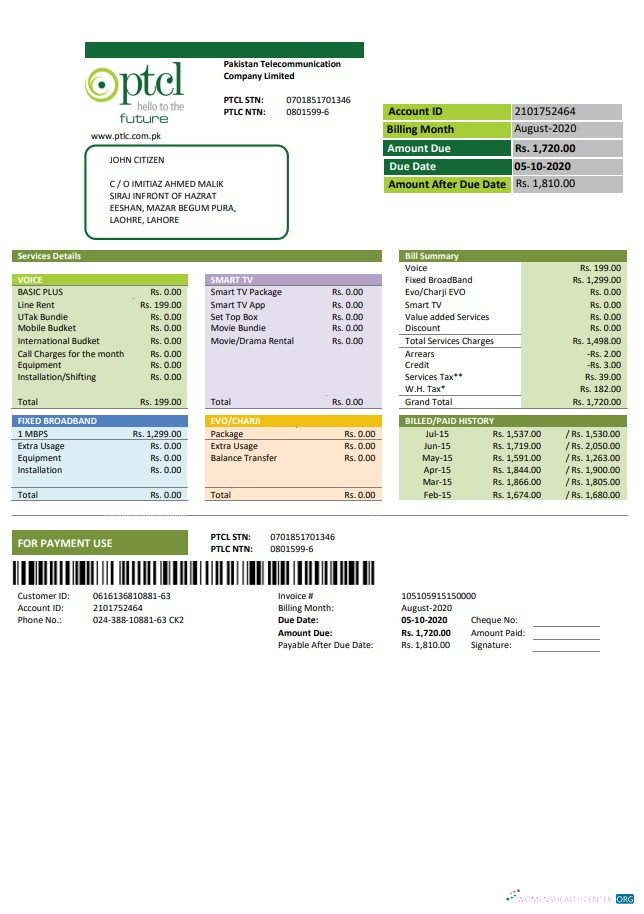 download download Pakistan PTCL utility bill template in Word and PDF format PDF template PDF template